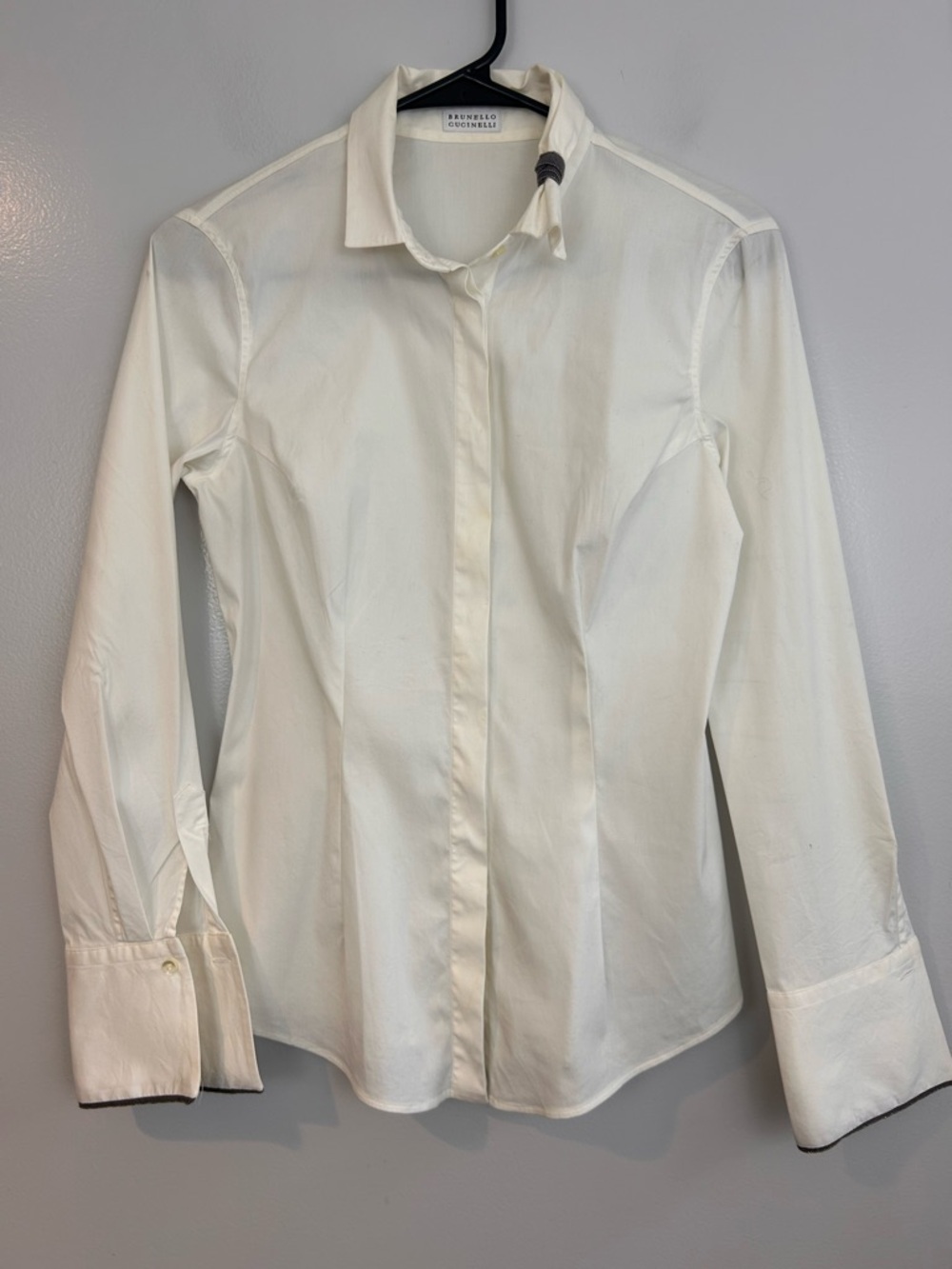 Brunello Cucinelli White Hidden Button Micro Beaded Detail Classic Top Medium